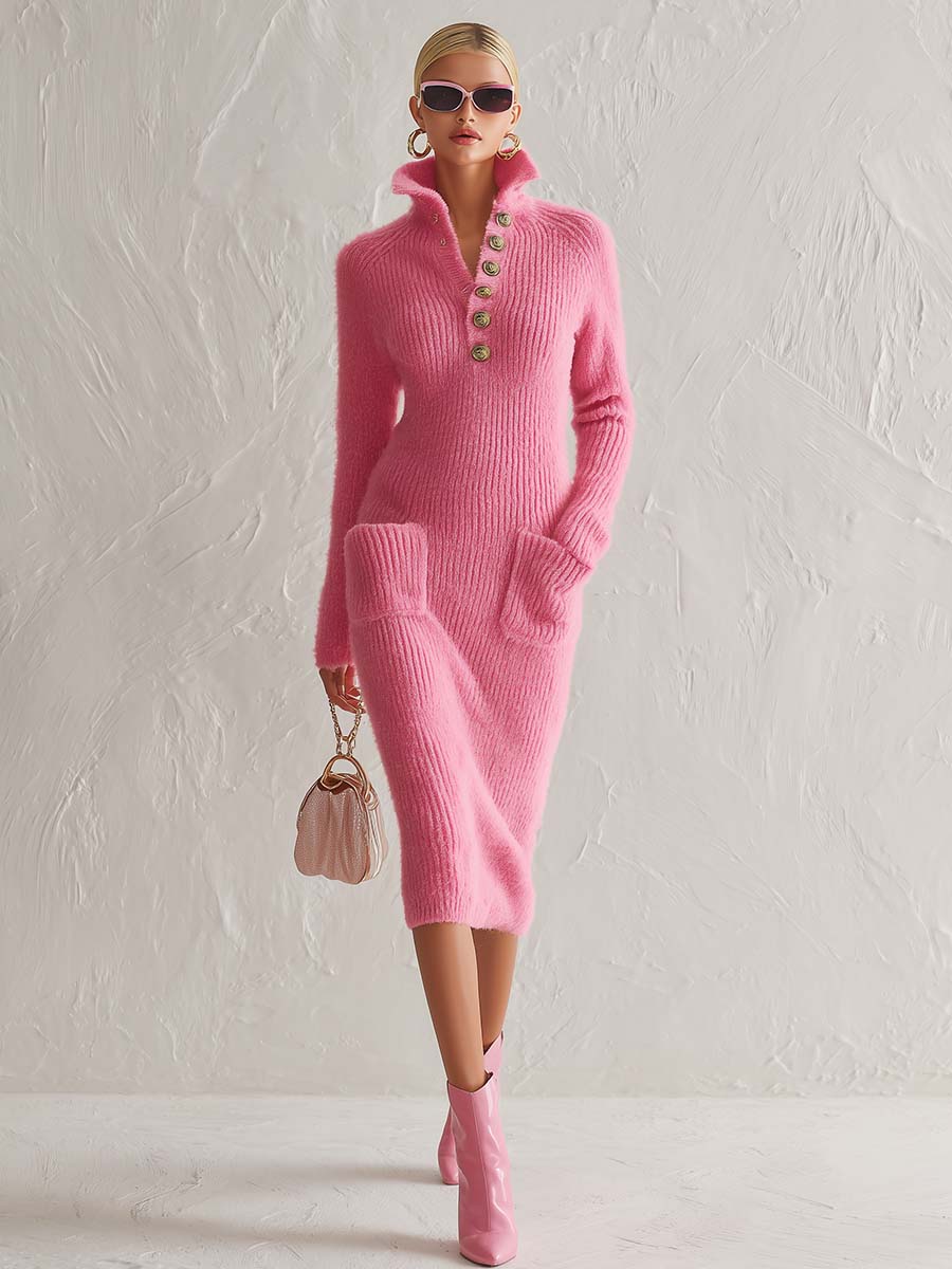 Comfortable Stylish Lapel Collared Button-front Pink Knit Midi Dress