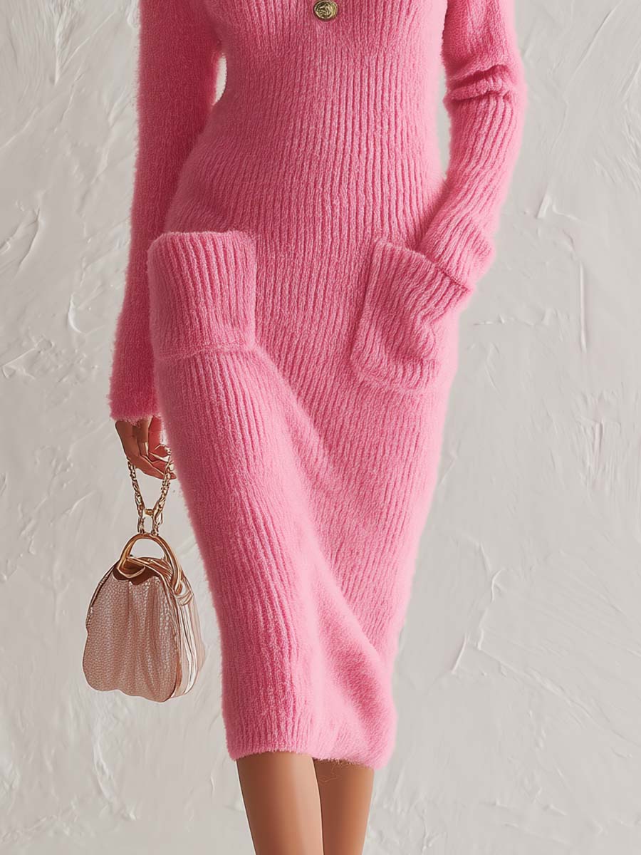 Comfortable Stylish Lapel Collared Button-front Pink Knit Midi Dress