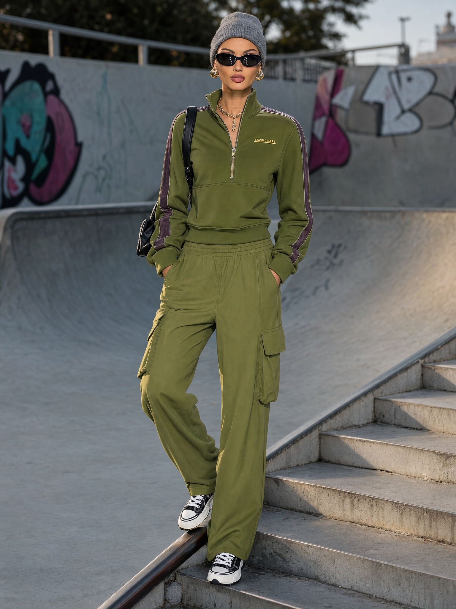 Retro Sport Olive Green Cotton Collared Zip-front Top And Utility Pants Set