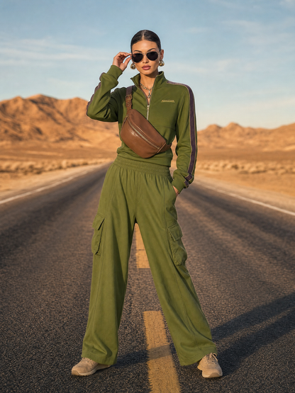 Retro Sport Olive Green Cotton Collared Zip-front Top And Utility Pants Set
