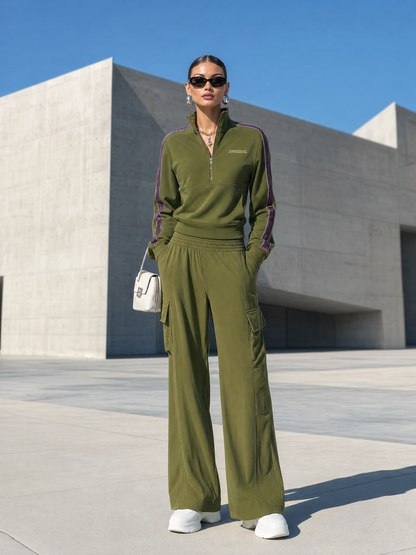 Retro Sport Olive Green Cotton Collared Zip-front Top And Utility Pants Set