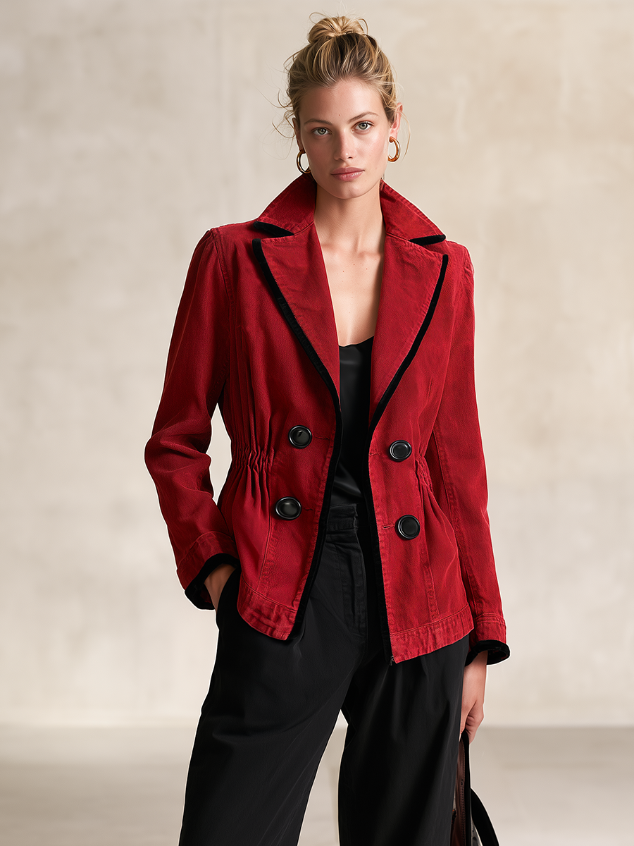 Women’s Red Denim Fitted Blazer Jacket With Black Trim