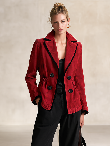 Women’s Red Denim Fitted Blazer Jacket With Black Trim