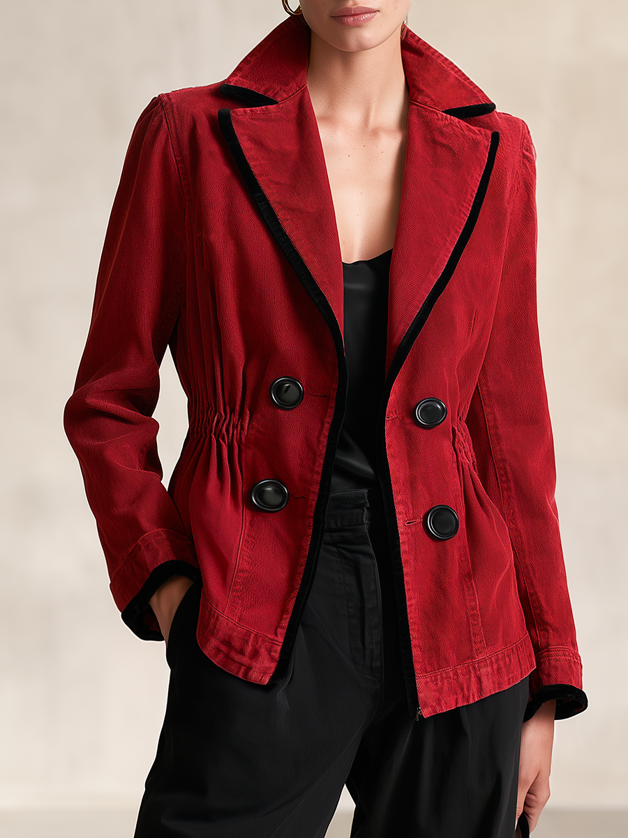 Women’s Red Denim Fitted Blazer Jacket With Black Trim