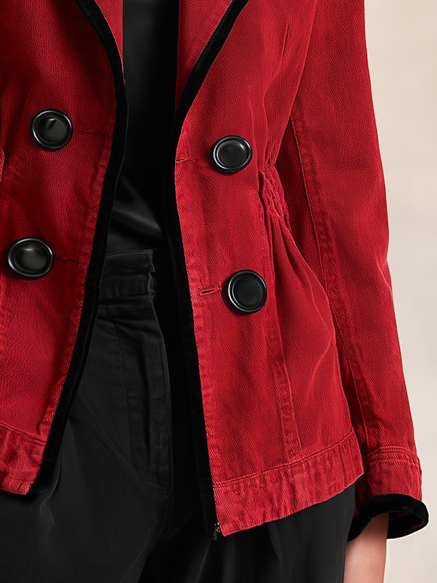 Women’s Red Denim Fitted Blazer Jacket With Black Trim