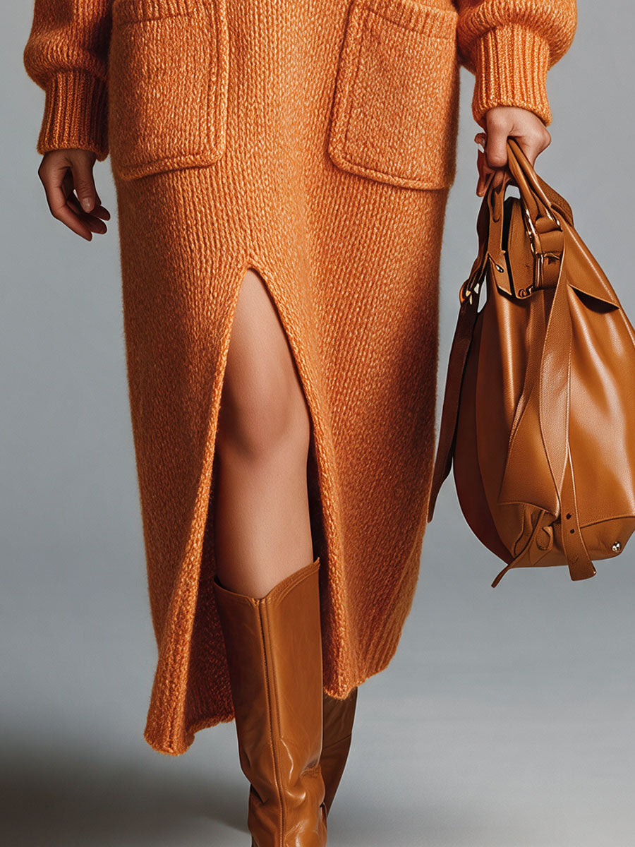 Retro Orange V-neck Lantern Sleeve Slit Knit Midi Dress