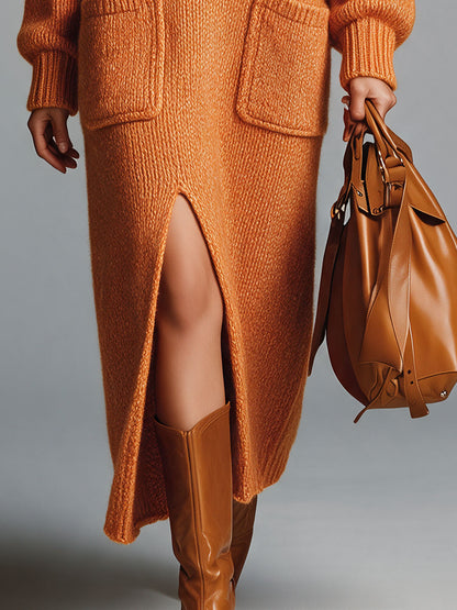 Retro Orange V-neck Lantern Sleeve Slit Knit Midi Dress