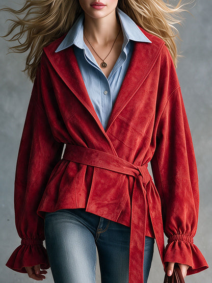 Trendy Retro Red Lapel Tie-up Ruffled Cuff Faux Suede Jacket