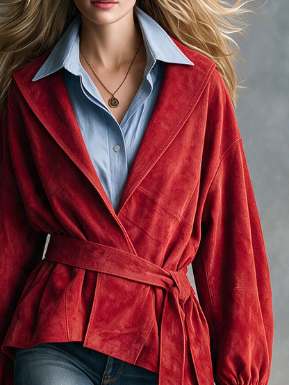 Trendy Retro Red Lapel Tie-up Ruffled Cuff Faux Suede Jacket