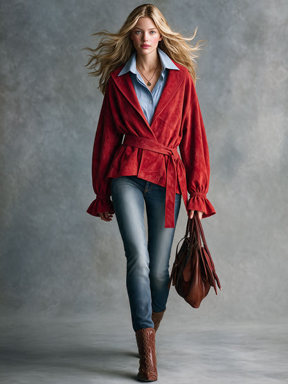 Trendy Retro Red Lapel Tie-up Ruffled Cuff Faux Suede Jacket