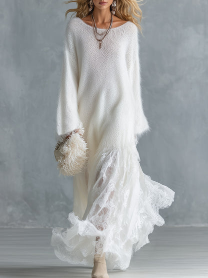 Soft And Cozy Long-haired White Knit Lace Hem Maxi Dress