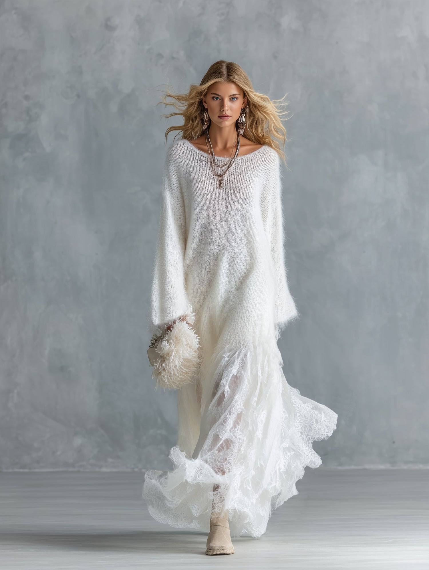Soft And Cozy Long-haired White Knit Lace Hem Maxi Dress