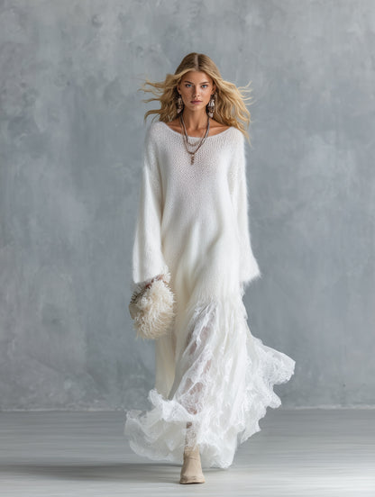Soft And Cozy Long-haired White Knit Lace Hem Maxi Dress