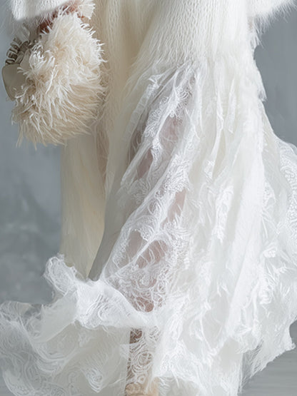 Soft And Cozy Long-haired White Knit Lace Hem Maxi Dress