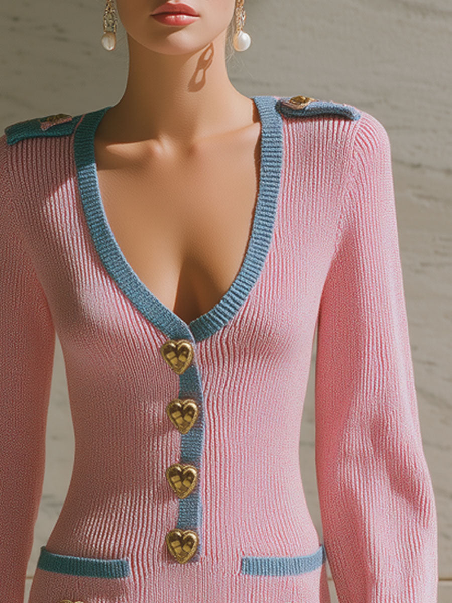 Stylish And Elegant V-neck Heart-patterned Pink Knitted Long-sleeved Mini Dress