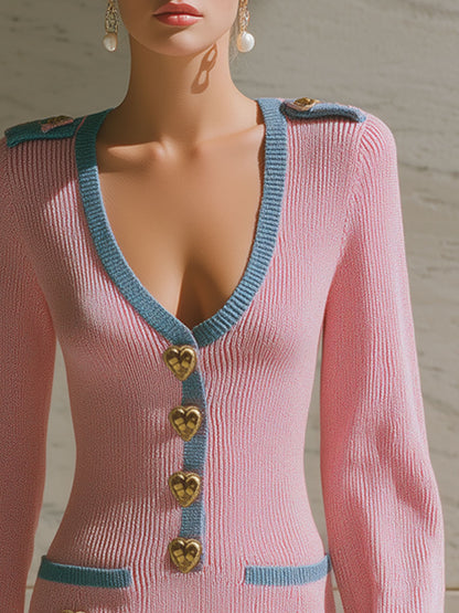 Stylish And Elegant V-neck Heart-patterned Pink Knitted Long-sleeved Mini Dress