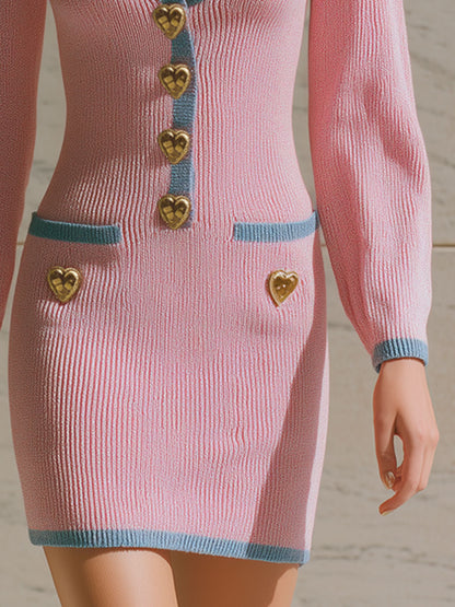 Stylish And Elegant V-neck Heart-patterned Pink Knitted Long-sleeved Mini Dress