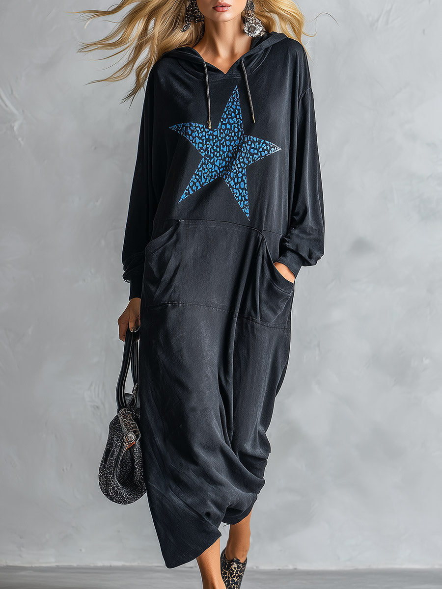 Star Print Hooded Long Sleeve Oversized Sweatshirt Maxi Dress