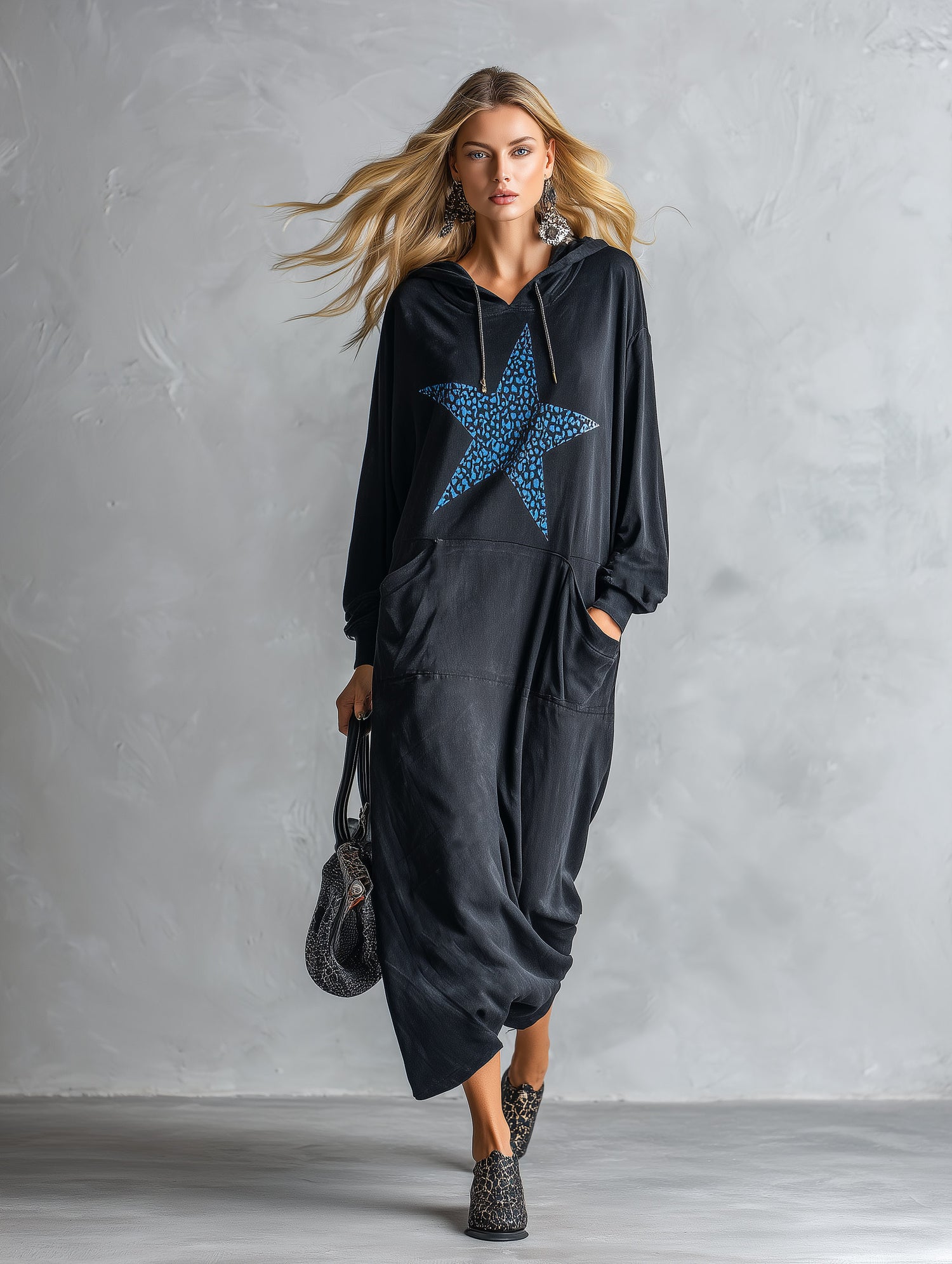 Star Print Hooded Long Sleeve Oversized Sweatshirt Maxi Dress