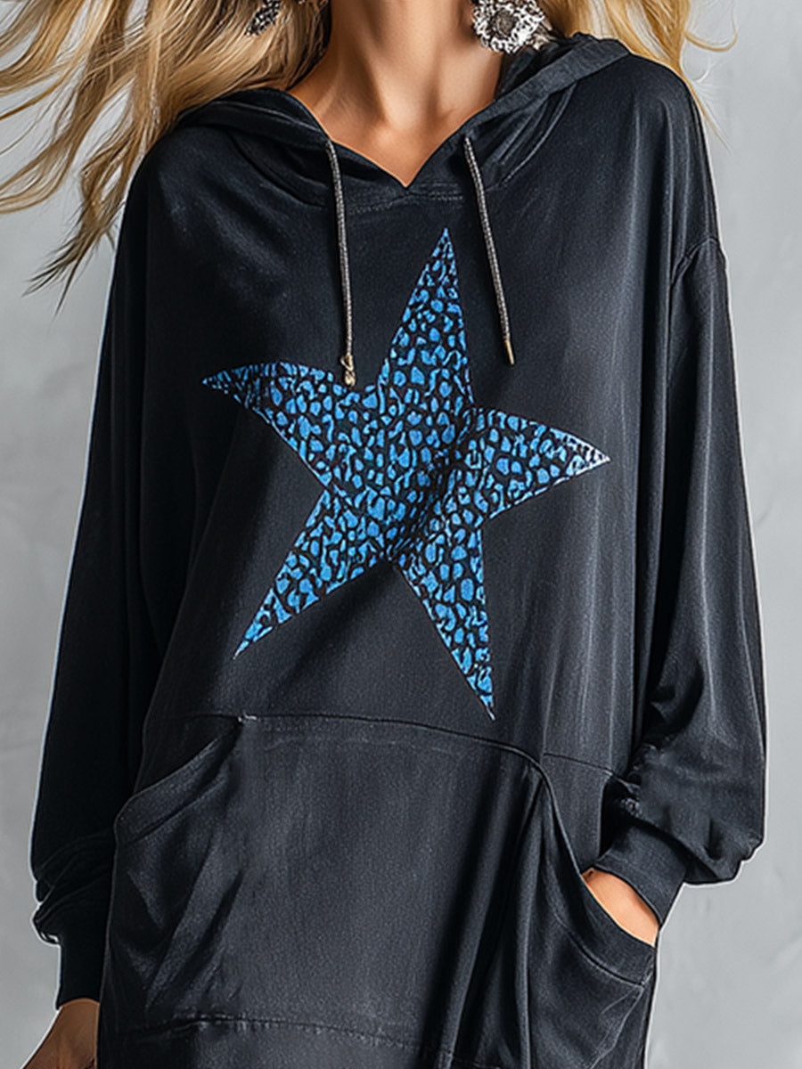 Star Print Hooded Long Sleeve Oversized Sweatshirt Maxi Dress