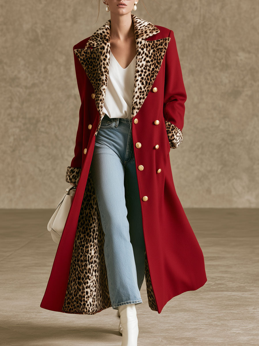 Elegant Retro Velvet Leopard Print Patchwork Red Coat