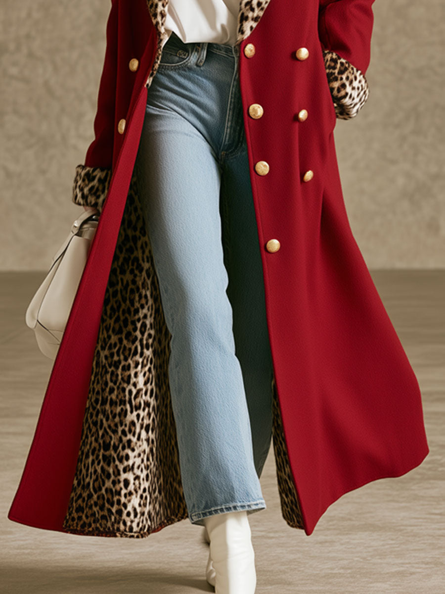 Elegant Retro Velvet Leopard Print Patchwork Red Coat