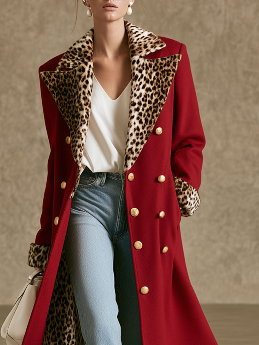 Elegant Retro Velvet Leopard Print Patchwork Red Coat