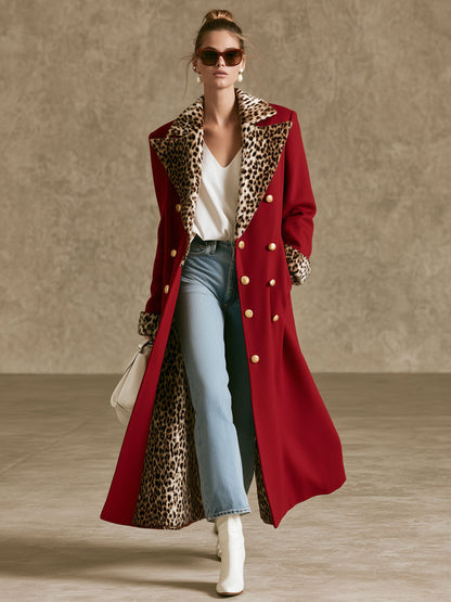 Elegant Retro Velvet Leopard Print Patchwork Red Coat