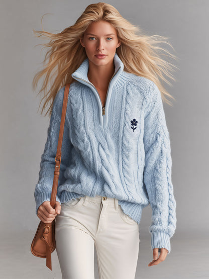 Stylish Retro Blue Cable Knit Half-zip Cardigan Sweater
