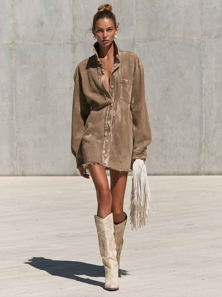 Casual Retro Camel Denim Frayed Long-sleeved Mini Dress