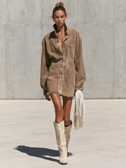 Casual Retro Camel Denim Frayed Long-sleeved Mini Dress