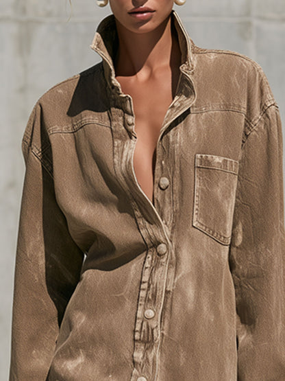 Casual Retro Camel Denim Frayed Long-sleeved Mini Dress