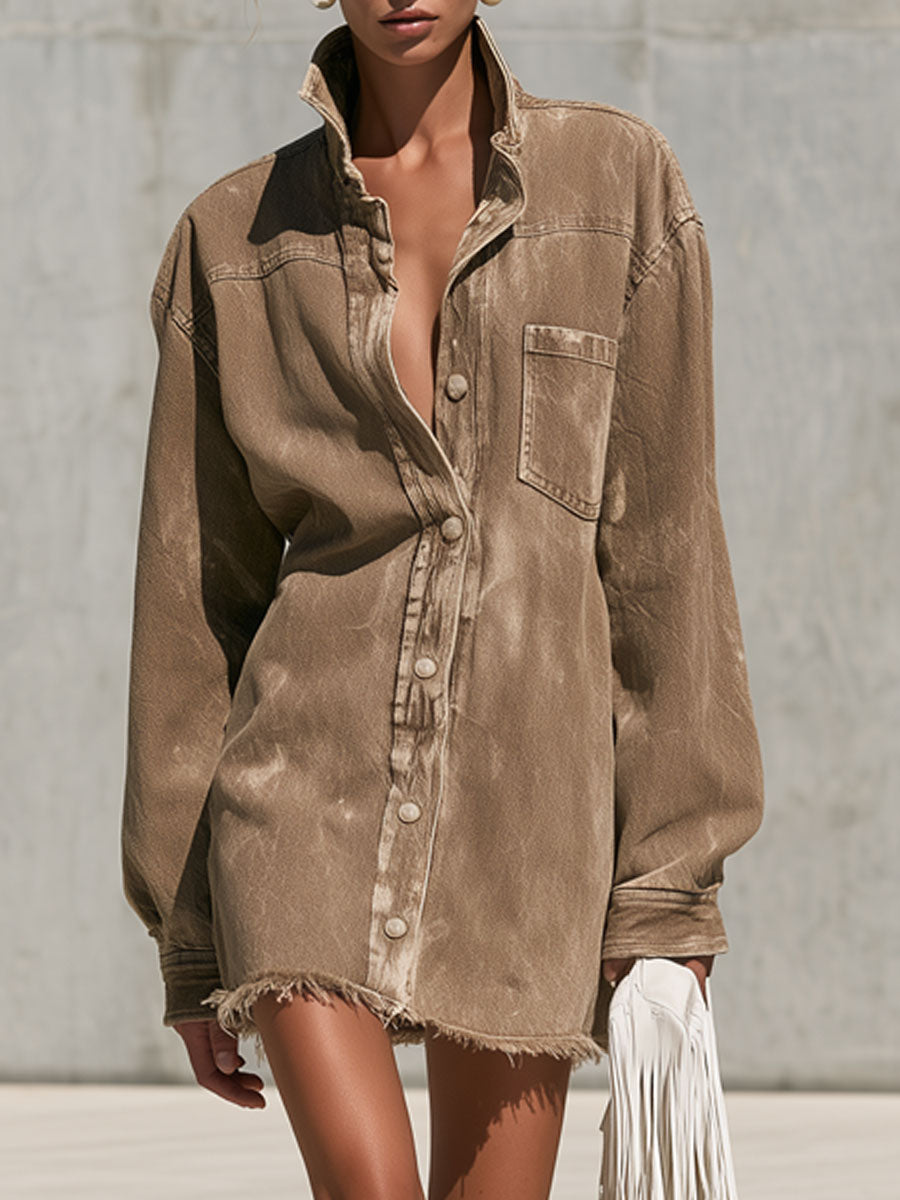 Casual Retro Camel Denim Frayed Long-sleeved Mini Dress