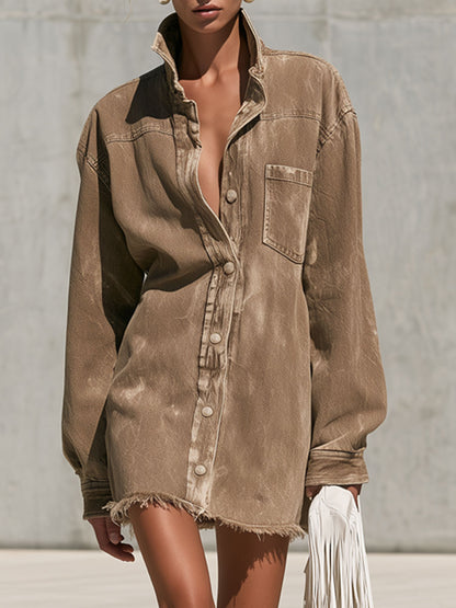 Casual Retro Camel Denim Frayed Long-sleeved Mini Dress