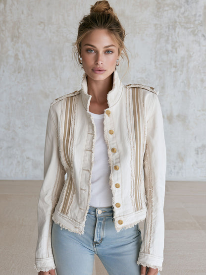 Casual Retro Frayed Off-white Denim Military Style Jacket