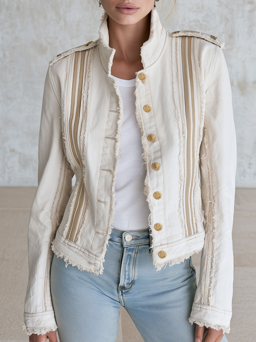 Casual Retro Frayed Off-white Denim Military Style Jacket