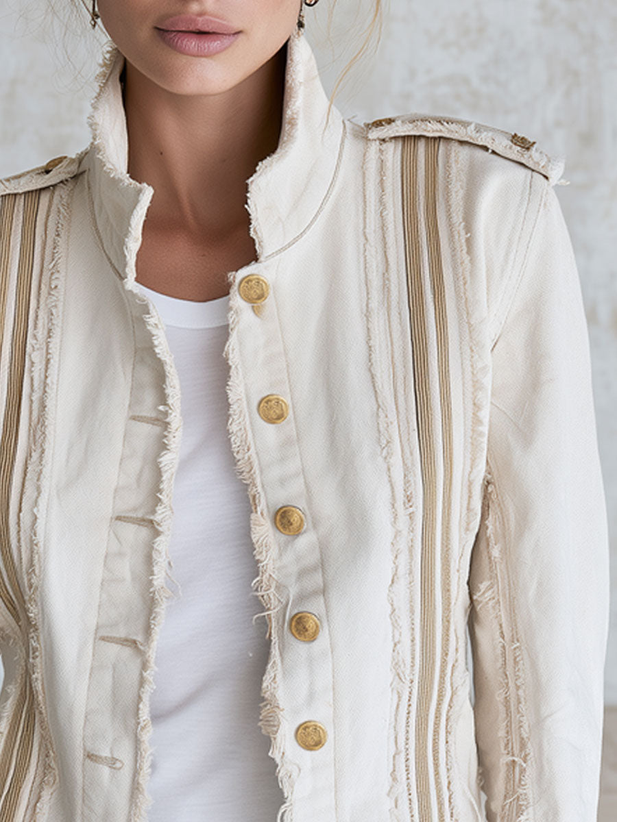 Casual Retro Frayed Off-white Denim Military Style Jacket