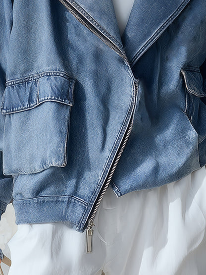 Stylish Collared Blue Denim Zip-Up Bomber Jacket