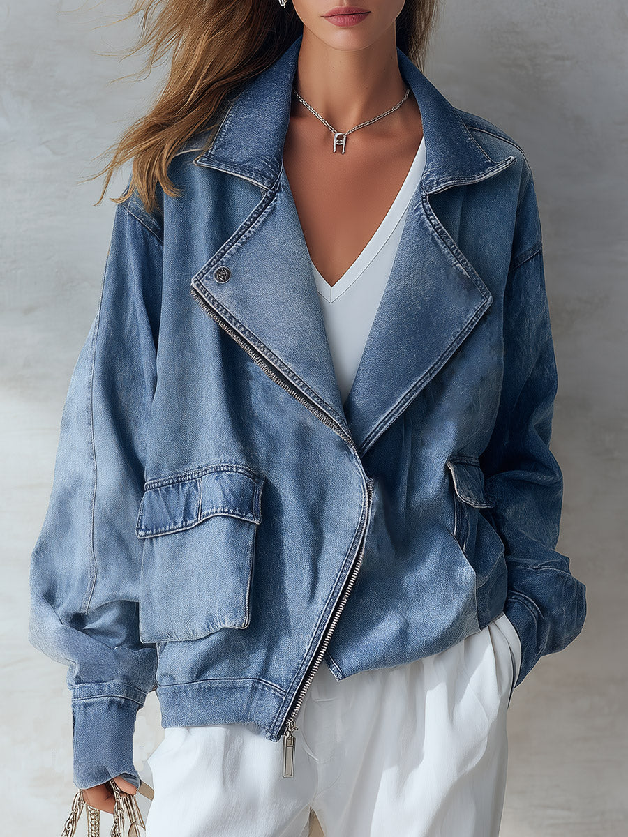 Stylish Collared Blue Denim Zip-Up Bomber Jacket