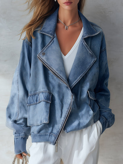 Stylish Collared Blue Denim Zip-Up Bomber Jacket