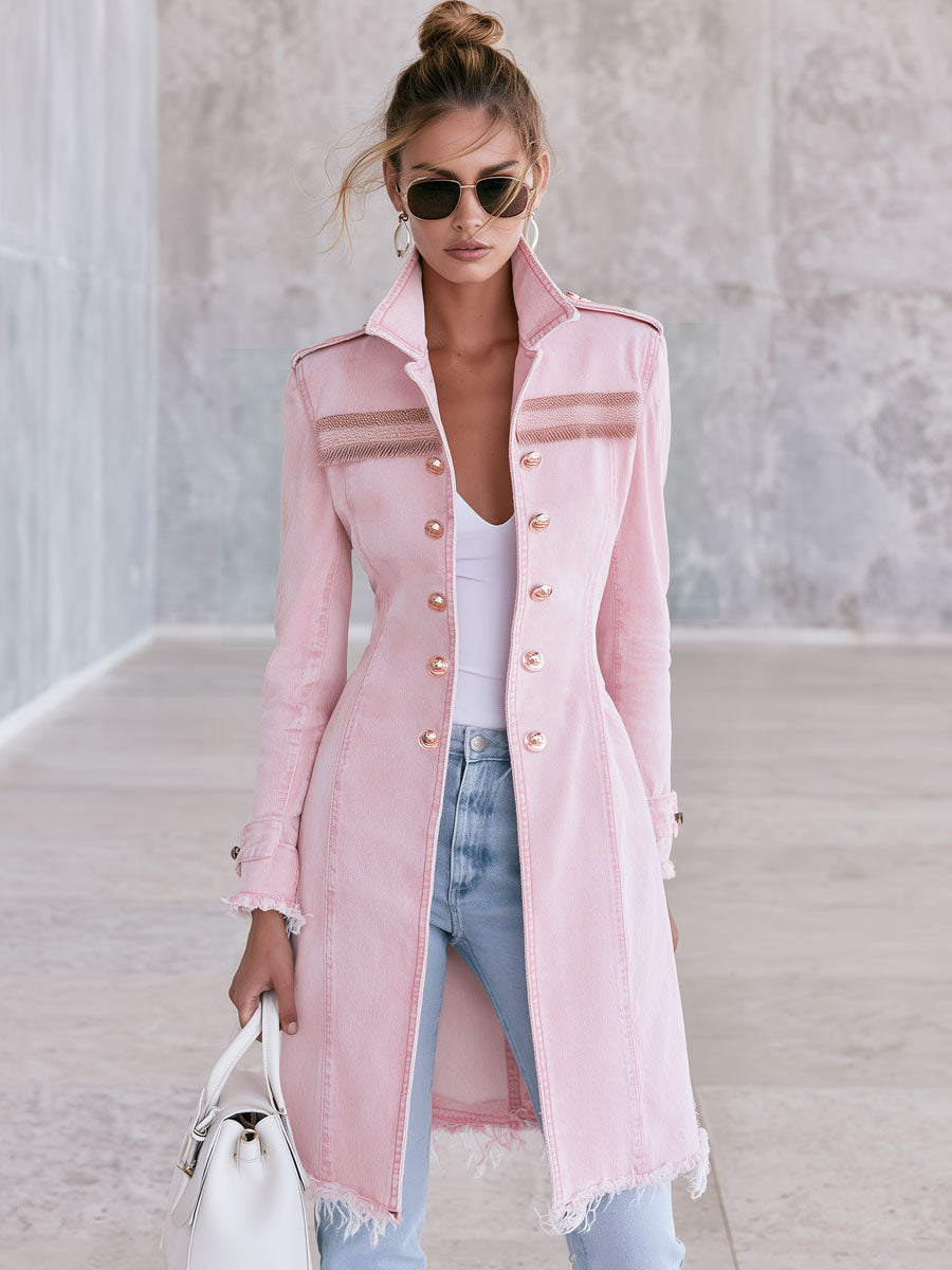 Fashionable Retro-style Frayed Pink Faded Denim Military-style Coat