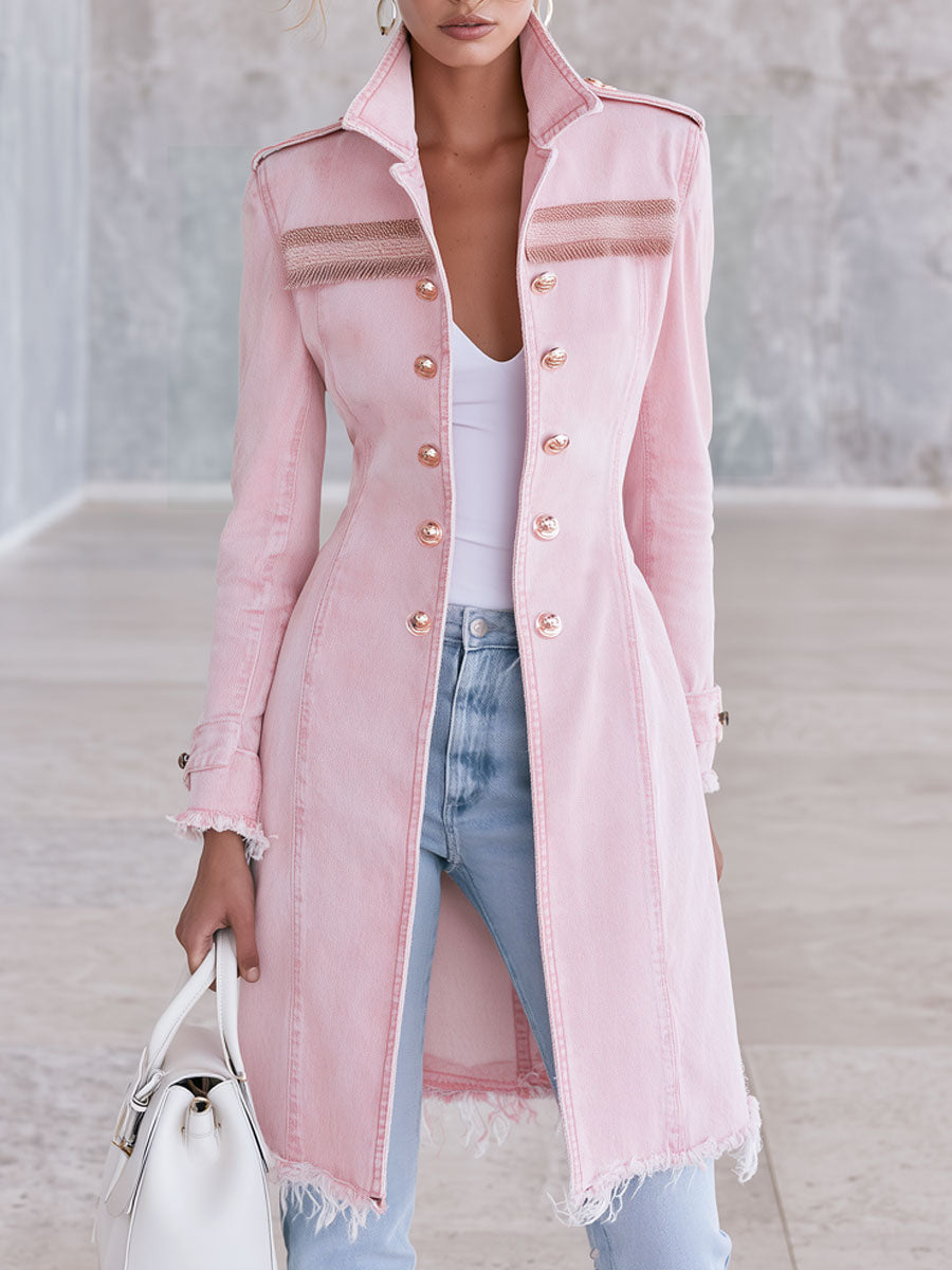 Fashionable Retro-style Frayed Pink Faded Denim Military-style Coat