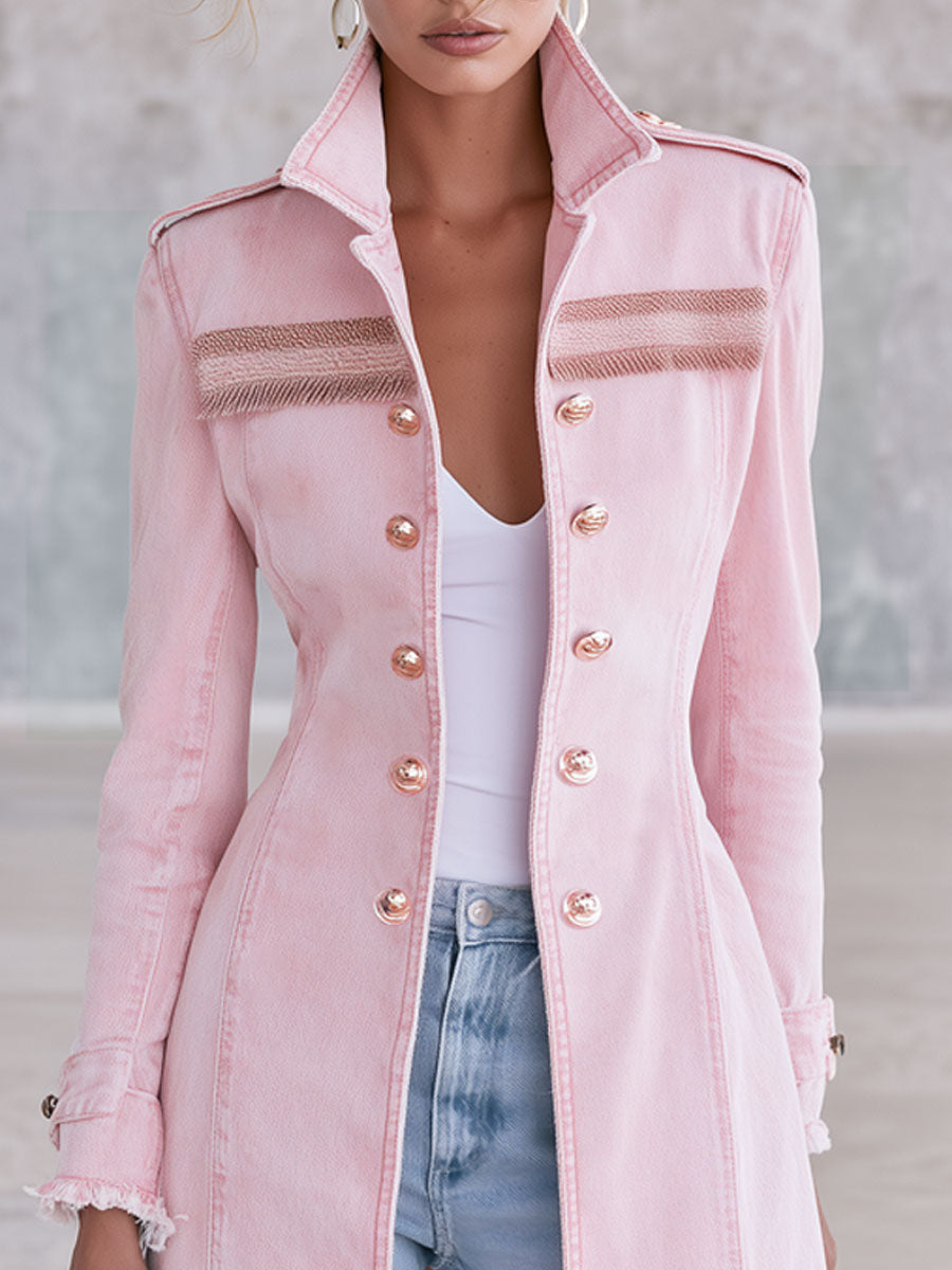 Fashionable Retro-style Frayed Pink Faded Denim Military-style Coat