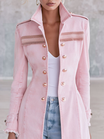 Fashionable Retro-style Frayed Pink Faded Denim Military-style Coat