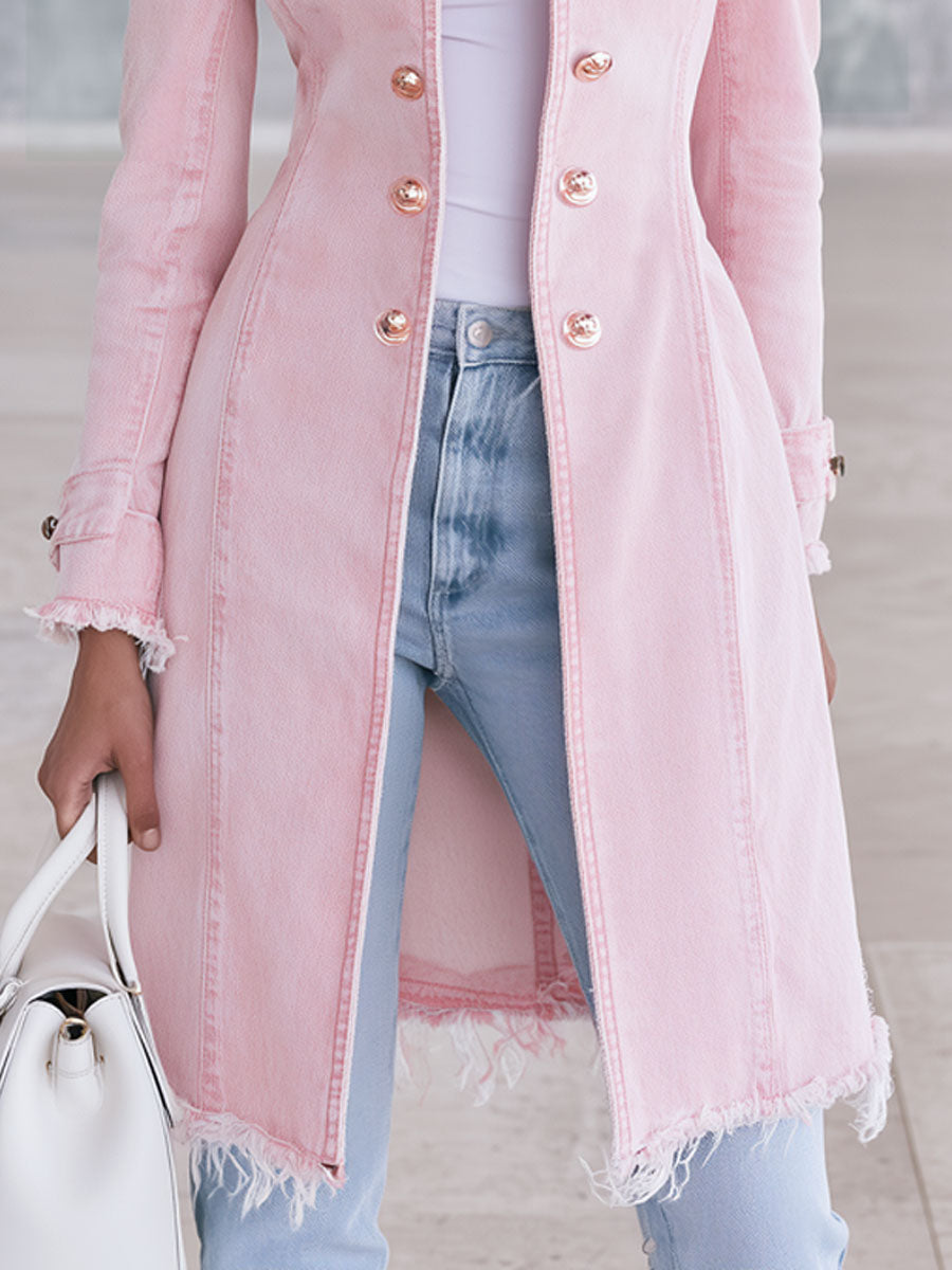 Fashionable Retro-style Frayed Pink Faded Denim Military-style Coat
