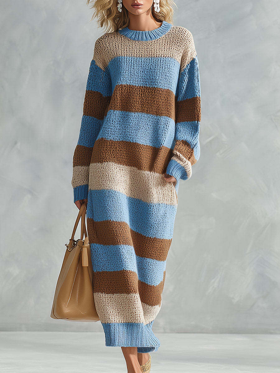 Striped Chunky Knit Long Sleeve Sweater Maxi Dress