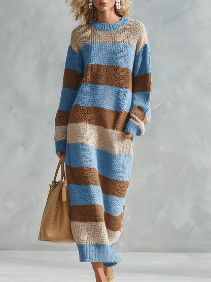 Striped Chunky Knit Long Sleeve Sweater Maxi Dress