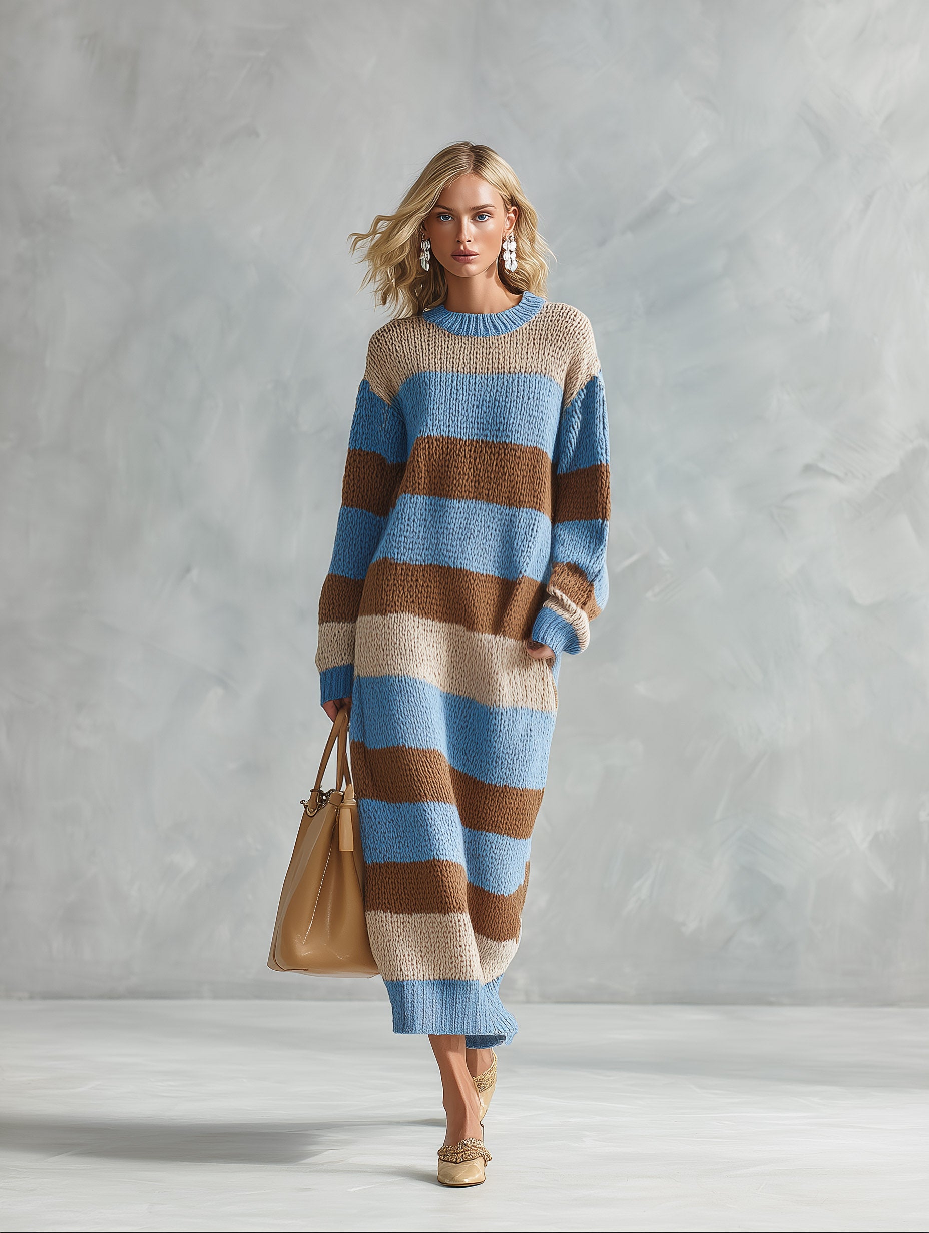 Striped Chunky Knit Long Sleeve Sweater Maxi Dress