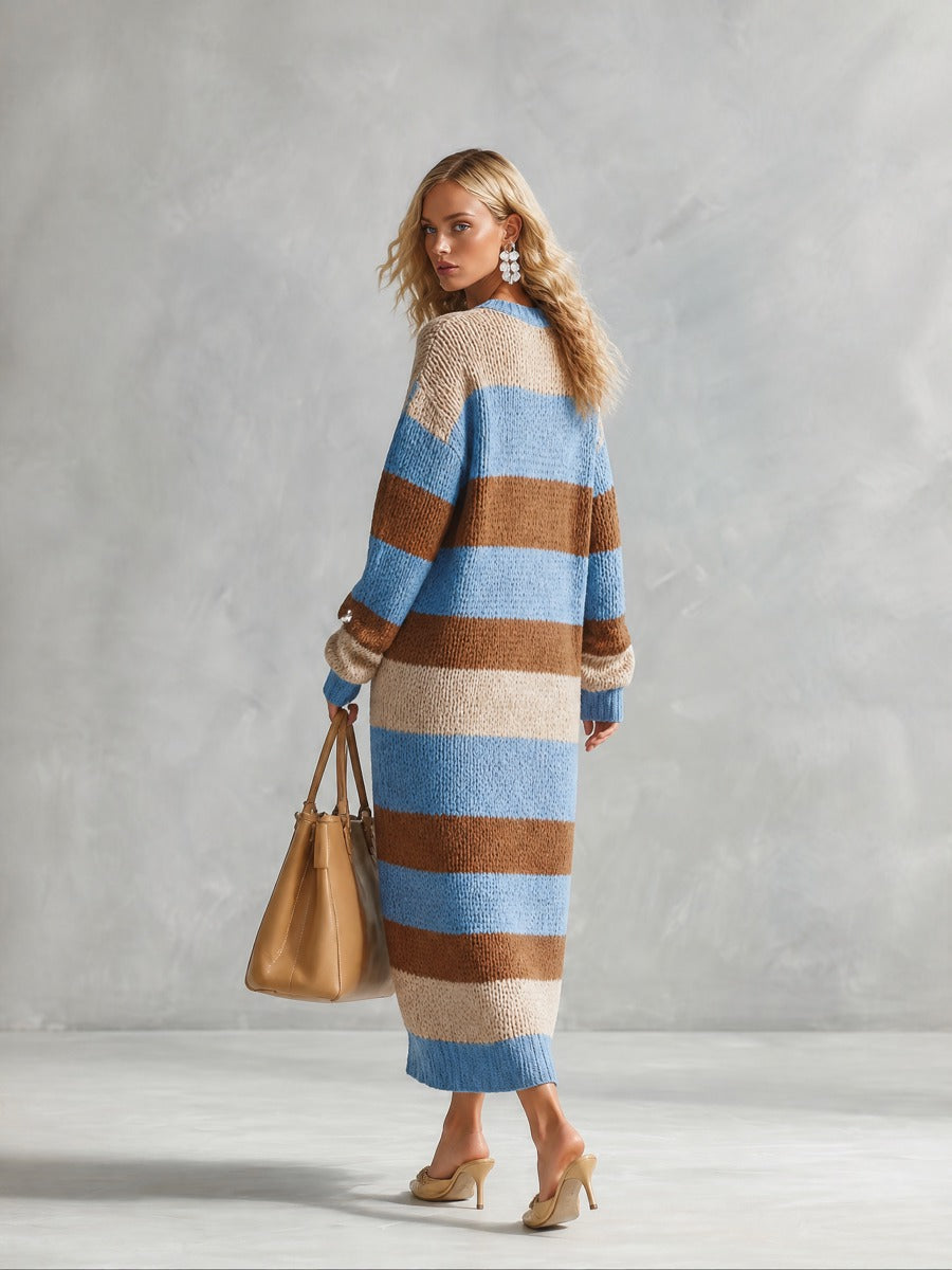 Striped Chunky Knit Long Sleeve Sweater Maxi Dress