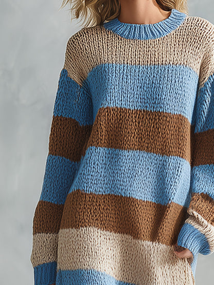 Striped Chunky Knit Long Sleeve Sweater Maxi Dress